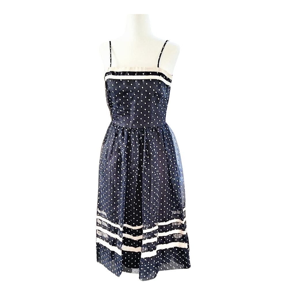 Vtg 70s Kappi Dress Navy White Polka Dot Cottagecore Rockabilly Feminine Dainty